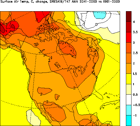 Temperature change in 2041-2060 vs 1981-2000