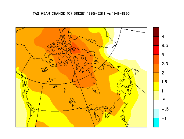 Temperature change in 1995-2014 vs 1941-1960